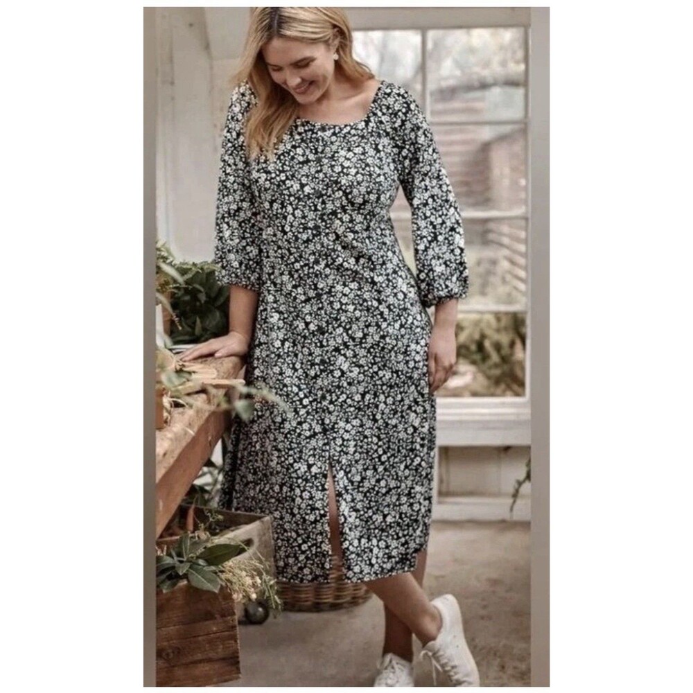 J Jill Dress Size Large Tall Black White Floral Midi Button Front NWT J.Jill